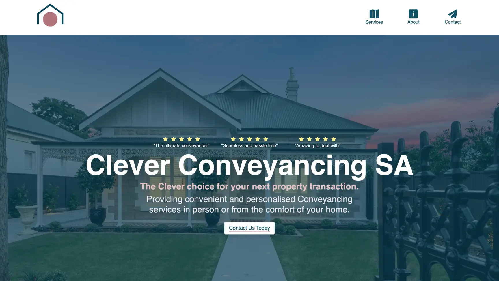 A screenshot of the home page for Clever Conveyancing SA that Sanico Software created.
