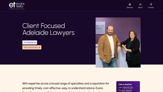 A screenshot of the home page for Evans Testa Lawyers that Sanico Software created.