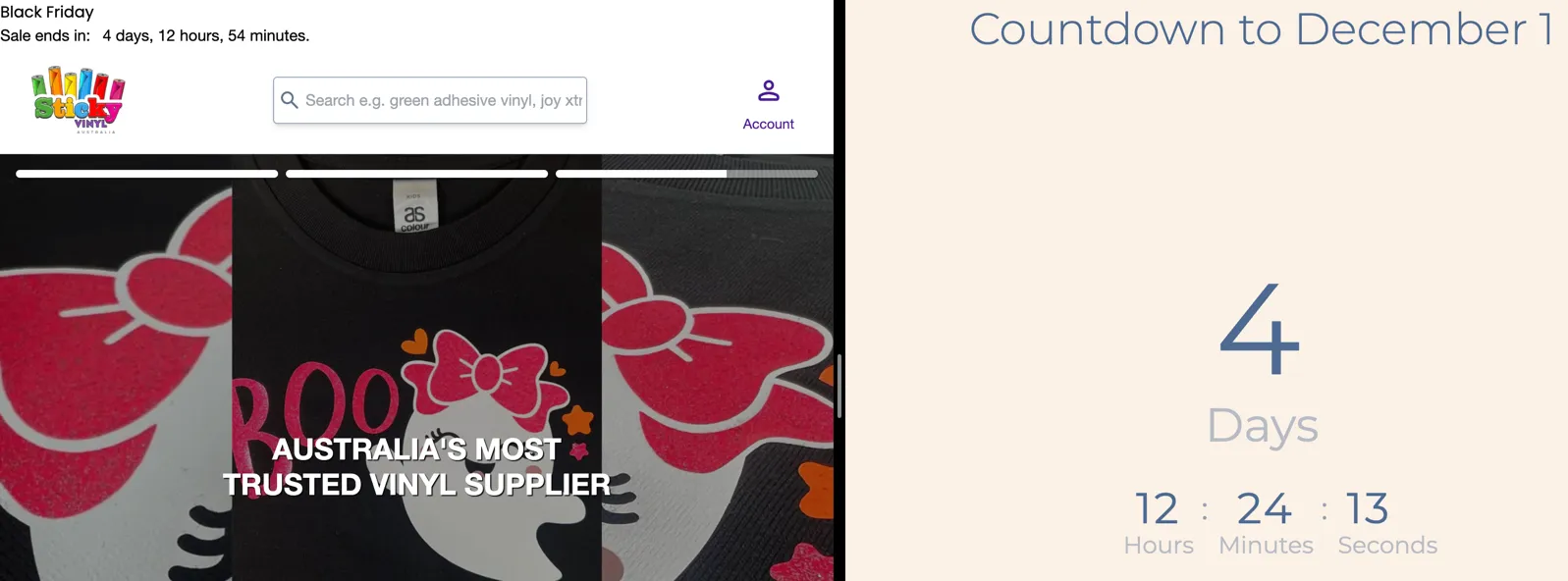 Split screen view of the Black Friday banner with no styling showing 4 days, 12 hours, and 54 minutes left with the countdown website showing 4 days, 12 hours, and 24 minutes left.