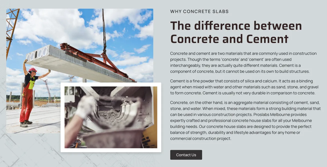 A section on the Proslabs “Concrete Slabs” service page