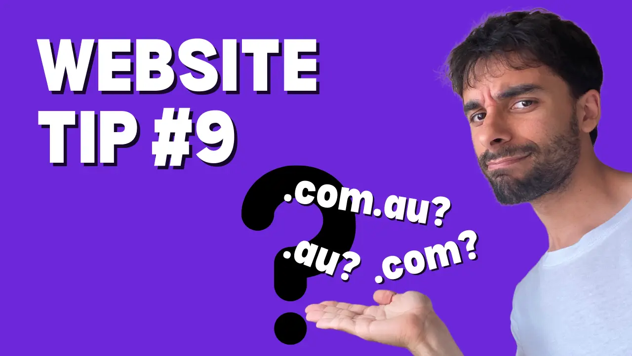 Sav Tripodi holding out his hand with the words '.com', '.com.au', and '.au' hovering above it with a question mark in the background.