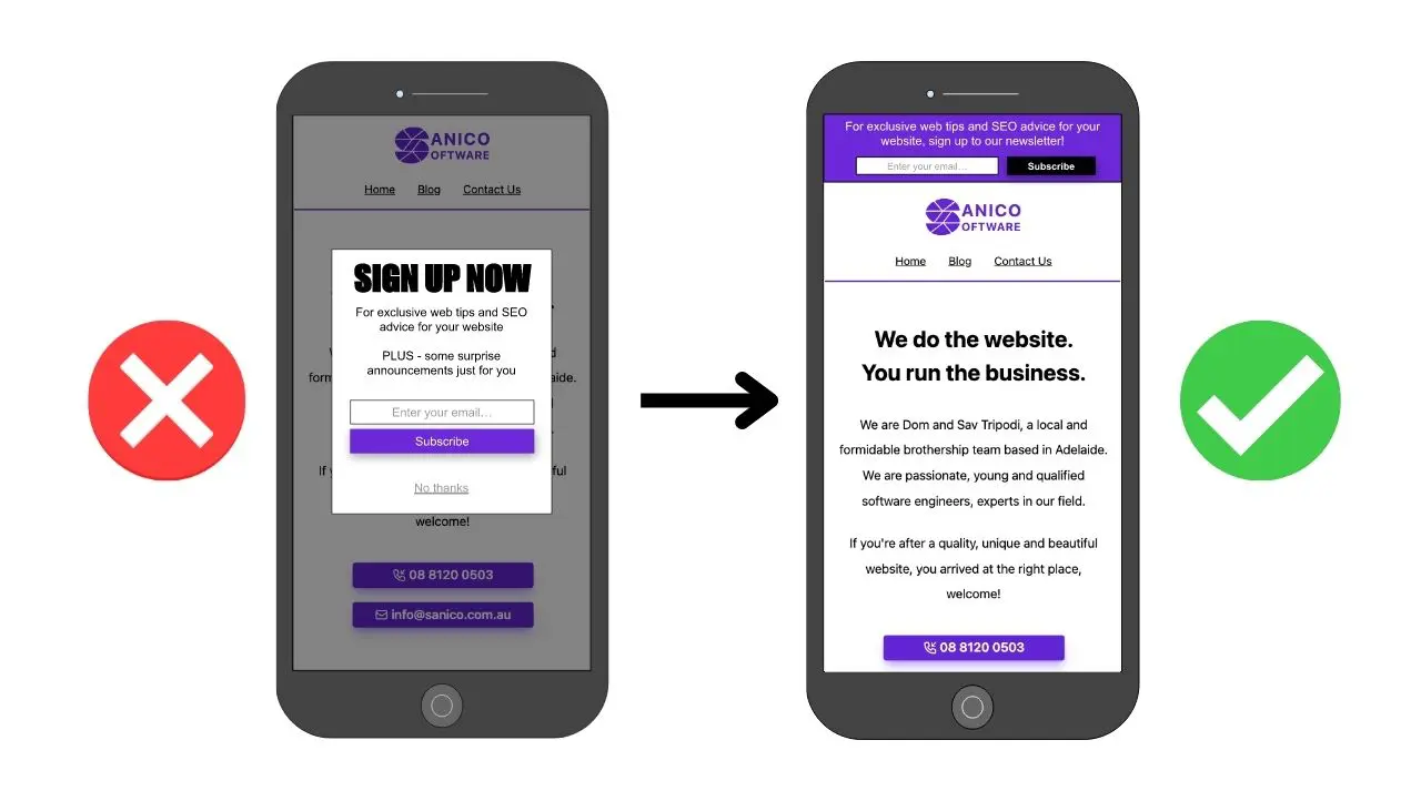 A comparison between bad intrusive popups and good banners on two mobile phones.
