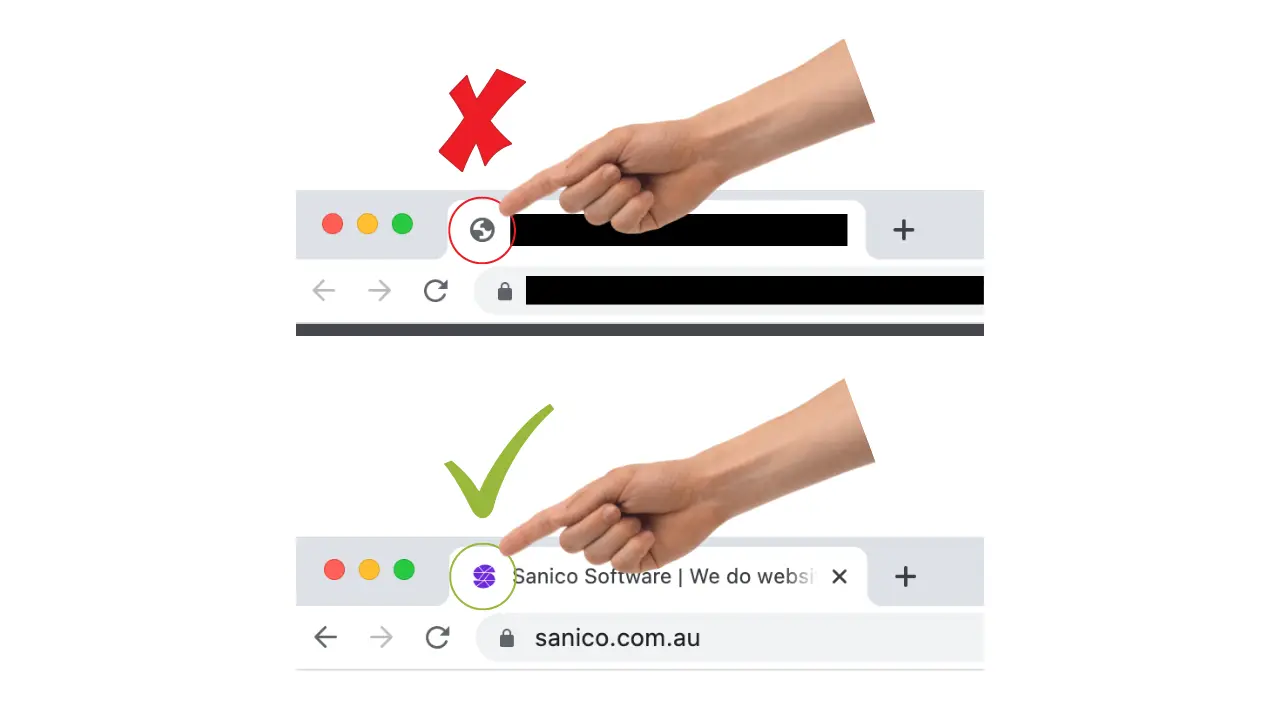 One hand pointing to a website without a favicon and another hand pointing at a website with a favicon.