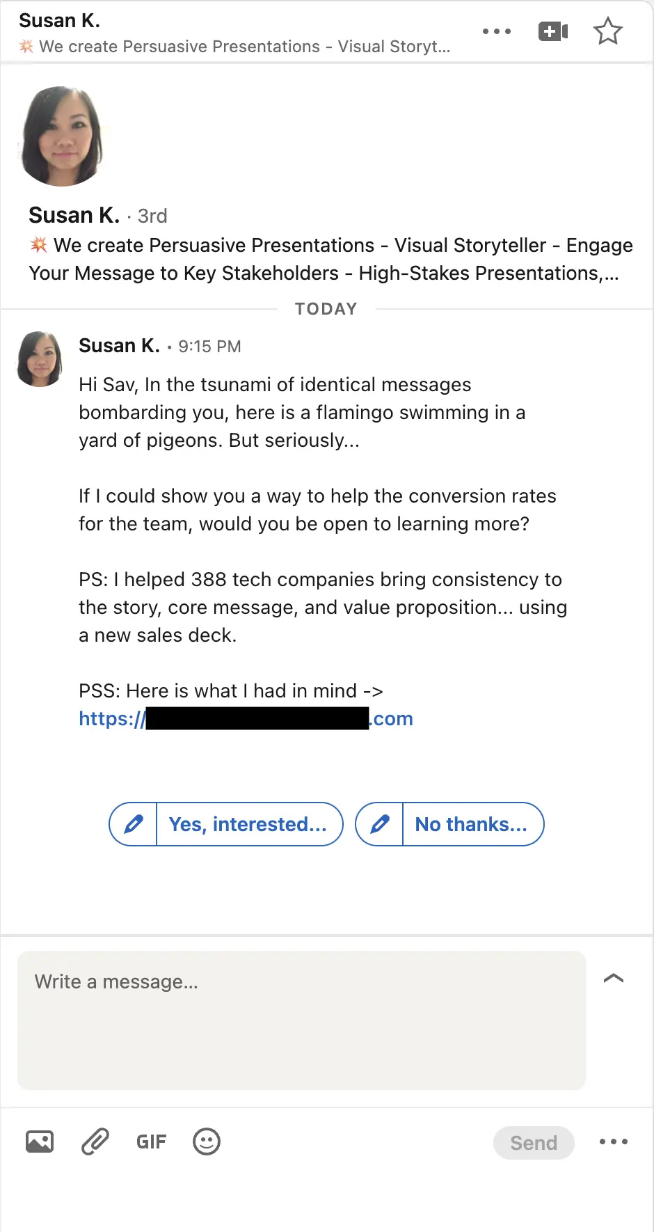 A linkedin spam post that I received